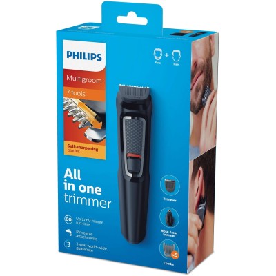 Тример Philips Multigroom series 3000, для бороди, вусів, голови, окантовки, акум., насадок-6, чохол, сталь, чорний (MG3720/15)