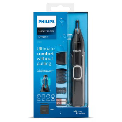 Тример Philips Series 5000, для бороди, вусів, окантовки, брови, носа та вух, 1хАА, насадок-4, чохол, сталь, чорний (NT5650/16)