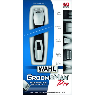 Тример WAHL Groomsman, для бороди, вусів, брів, носа, тіла, акум., роторний мотор, насадок-6, сталь, чорний (09855-1216)