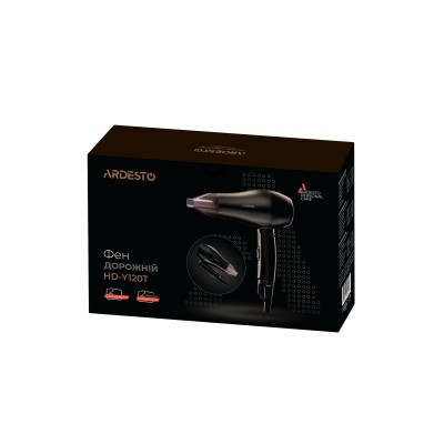 Фен Ardesto HD-Y120T, дорожній, 1200Вт, складна ручка, 2 швидкості, 2 темп. режими, чорний