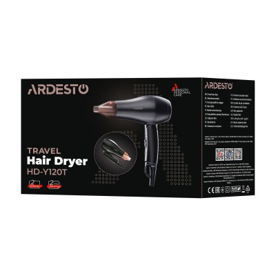 Фен Ardesto HD-Y120T, дорожній, 1200Вт, складна ручка, 2 швидкості, 2 темп. режими, чорний