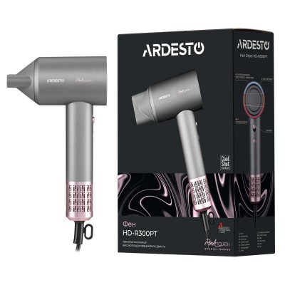 Фен Ardesto Pink Touch, 1600Вт, 2 швидкості, 3темп.режими, іонізація, дифузор, магнітні насадки, сірий+рожевий (HD-R300PT)