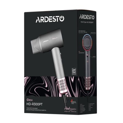Фен Ardesto Pink Touch, 1600Вт, 2 швидкості, 3темп.режими, іонізація, дифузор, магнітні насадки, сірий+рожевий (HD-R300PT)
