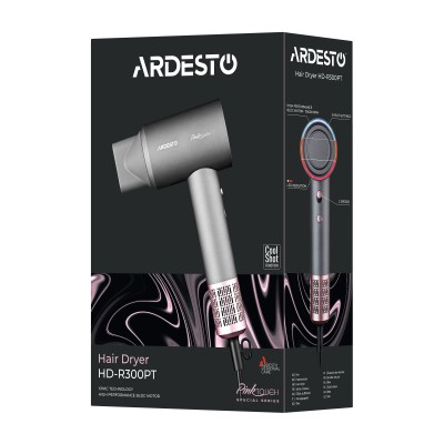 Фен Ardesto Pink Touch, 1600Вт, 2 швидкості, 3темп.режими, іонізація, дифузор, магнітні насадки, сірий+рожевий (HD-R300PT)