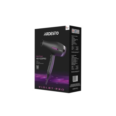 Фен Ardesto Violet PRO HD-Y223PRO, 1850-2200Вт, 2 швидкості , 3темп.режими, дифузор, чорний