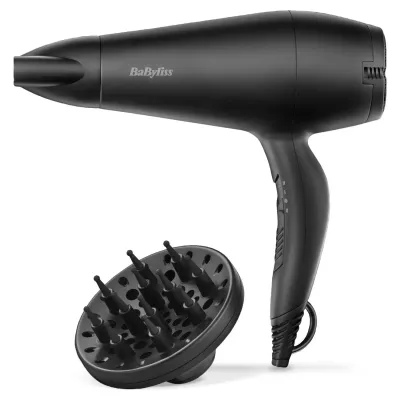 Фен Babyliss, 2000Вт, 2 режими, іонізація, хол. обдув, 2 насадки, чорний (D215DE)