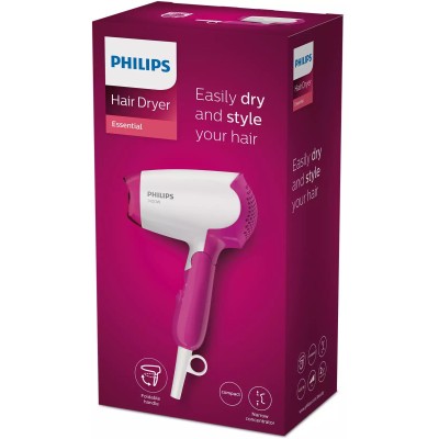 Фен Philips DryCare Essential дорожній, 1400Вт, 2 режими, хол. обдув, рожевий (BHD003/00)