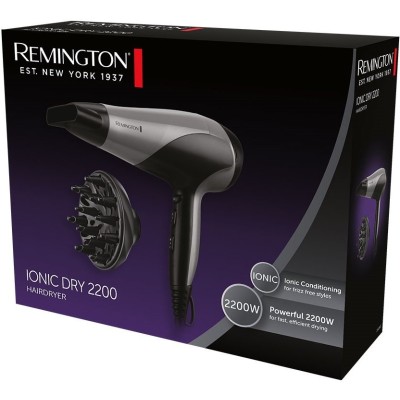 Фен Remington Ionic Dry, 2200Вт, 3 режими, дифузор,турмалинова іоніз-я, хол. обдув, сіро-чорний (D3190S)
