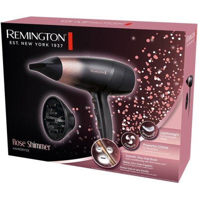 Фен Remington Rose Shimmer, 2200Вт, 3 режими, дифузор, іоніз-я, хол. обдув, чорно-рожевий (D5305)