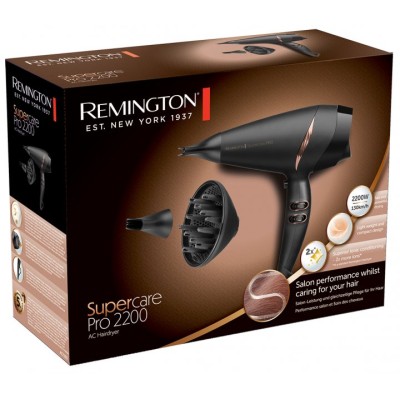 Фен Remington Supercare PRO 2200 AC motor, 2200Вт, 3 режими, дифузор, іоніз-я, хол. обдув, чорний (AC7200)