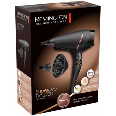 Фен Remington Supercare PRO 2200 AC motor, 2200Вт, 3 режими, дифузор, іоніз-я, хол. обдув, чорний (AC7200)