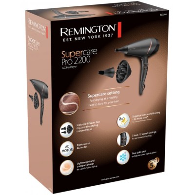 Фен Remington Supercare PRO 2200 AC motor, 2200Вт, 3 режими, дифузор, іоніз-я, хол. обдув, чорний (AC7200)