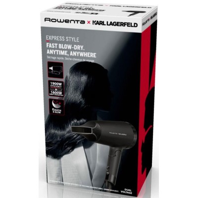 Фен Rowenta Karl Lagerfeld Express Style дорожній, 1600Вт, 2 режими, хол. обдув, складна ручка, чорний (CV184LF0)