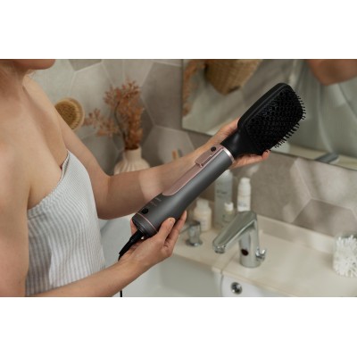 Фен-щітка Ardesto Brush Pink Touch, 1200Вт, 2 швидкості, 2 темп. режими, LED-дисплей, функція іонізації , 4 насадки, сірий+ роже