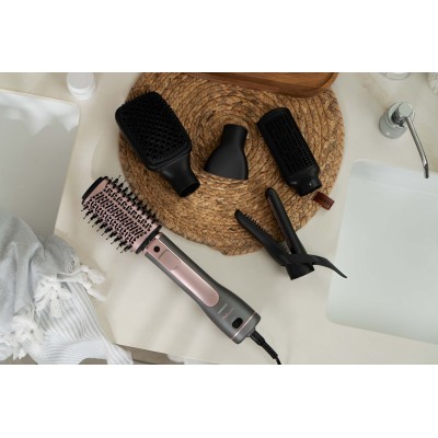 Фен-щітка Ardesto Brush Pink Touch, 1200Вт, 2 швидкості, 2 темп. режими, LED-дисплей, функція іонізації , 4 насадки, сірий+ роже