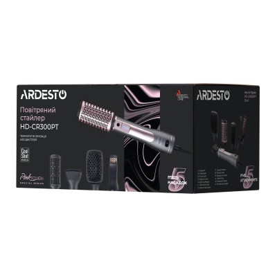 Фен-щітка Ardesto Brush Pink Touch, 1200Вт, 2 швидкості, 2 темп. режими, LED-дисплей, функція іонізації , 4 насадки, сірий+ роже