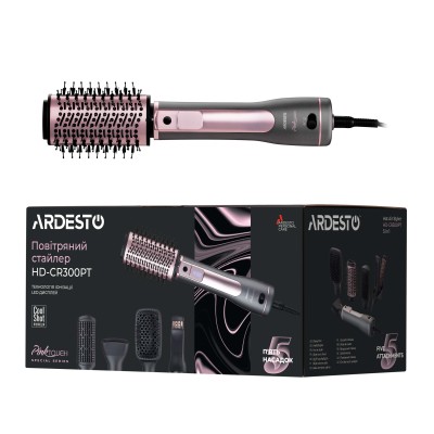 Фен-щітка Ardesto Brush Pink Touch, 1200Вт, 2 швидкості, 2 темп. режими, LED-дисплей, функція іонізації , 4 насадки, сірий+ роже
