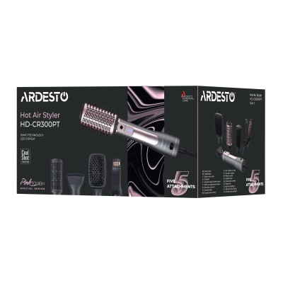 Фен-щітка Ardesto Brush Pink Touch, 1200Вт, 2 швидкості, 2 темп. режими, LED-дисплей, функція іонізації , 4 насадки, сірий+ роже