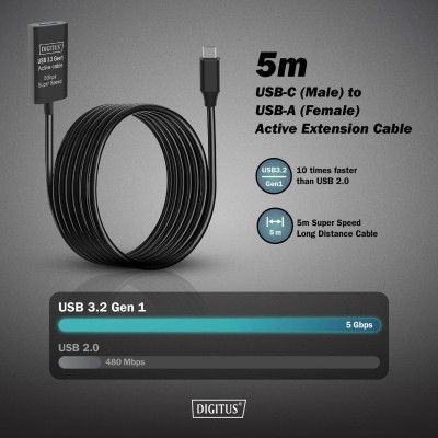 Подовжувач DIGITUS USB 3.2 Gen1 Active Cable 5G, C/M-A/F, 5м, чорний (DA-73110)