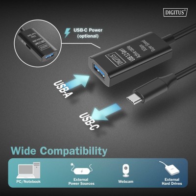 Подовжувач DIGITUS USB 3.2 Gen1 Active Cable 5G, C/M-A/F, 5м, чорний (DA-73110)