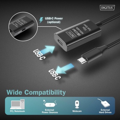 Подовжувач DIGITUS USB 3.2 Gen1 Active Cable 5G, C/M-C/F, 10м, чорний (DA-73109)
