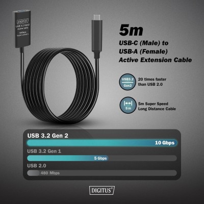 Подовжувач DIGITUS USB 3.2 Gen2 Active Cable 10G, C/M-A/F, 5м, чорний (DA-73113)