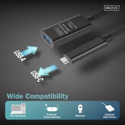 Подовжувач DIGITUS USB 3.2 Gen2 Active Cable 10G, C/M-A/F, 5м, чорний (DA-73113)