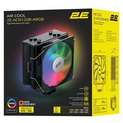 Процесорний кулер 2E GAMING Air Cool ACN120B-ARGB, LGA1851, 1700, 1200, 115x, 1366, AM5, AM4, AM3, AM3+, 4pin PWM, 3pin +5VARGB,