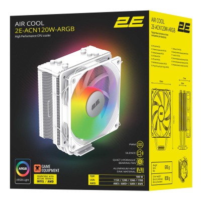 Процесорний кулер 2E GAMING Air Cool ACN120W-ARGB, LGA1851, 1700, 1200, 115x, 1366, AM5, AM4, AM3, AM3+, AM2 ,AM2+, FM2, FM1 4pi