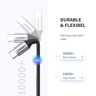 Кабель UGREEN US261 USB Type-C To USB Type-C 60W Round Cable Nickel Plating Aluminum Shell 3A 0.5m Black/Gray (50149)