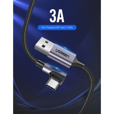 Кабель UGREEN US284 USB 2.0 To Angled USB Type-C Cable Aluminum Shell With Braided 3A 2m Black (50942)