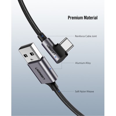 Кабель UGREEN US284 USB 2.0 To Angled USB Type-C Cable Aluminum Shell With Braided 3A 2m Black (50942)