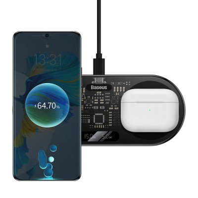 Бездротовий зарядний пристрій Baseus Digital LED Display 2in1 20W (WXSX010101) Black