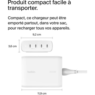 Зарядний пристрій мережевий Belkin 200Вт 4хUSB-С GAN PD PPS, білий (WCH015VFWH)