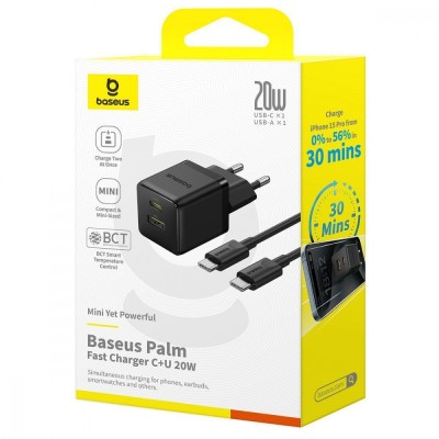 Зарядний Пристрій Baseus Palm Fast Charger Type-C+USB 20W (With Cable Type-C to Type-C 60W 1m) (P10111608113-01) Black