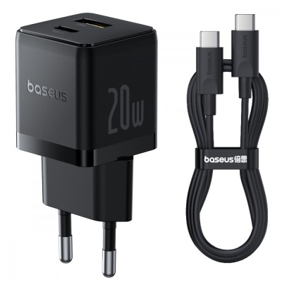 Зарядний Пристрій Baseus Palm Fast Charger Type-C+USB 20W (With Cable Type-C to Type-C 60W 1m) (P10111608113-01) Black