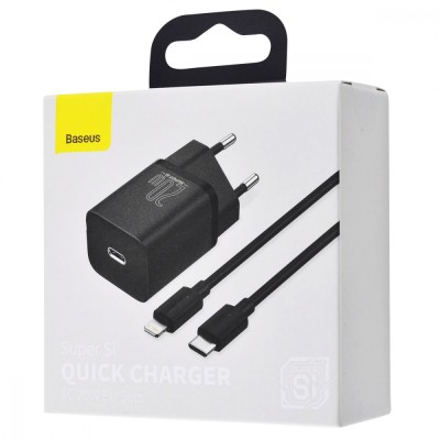 Зарядний Пристрій Baseus Super Silicone PD Charger 20W (1Type-C) + With Cable Type-C to Lightning (TZCCSUP-B01) Black