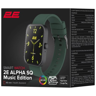 Смарт-годинник 2E Alpha SQ Music Edition 46мм, 1.78", 368x448, AMOLED, BT 5.2, Чорно-зелений (2E-CWW40BKGN)