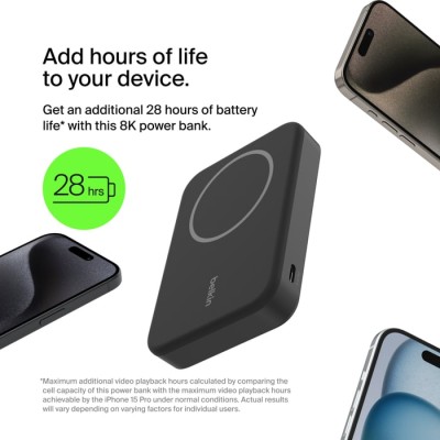Акумулятор портативний літій-іонний Power Bank Belkin 8000мА·год, 15Вт, MagSafe Qi2, чорний (BPD007BTBK)