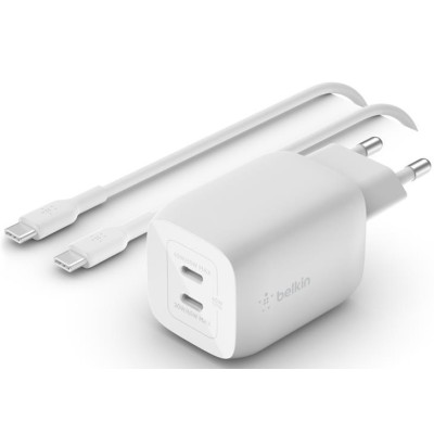 Зарядний пристрій мережевий Belkin 65Вт 2хUSB-С GAN PD PPS, кабель USB-С > USB-C, 2м, білий (WCH013VF2MWH-B6)