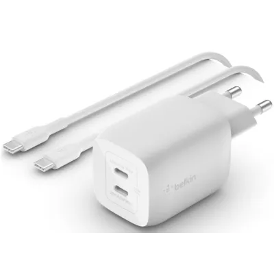 Зарядний пристрій мережевий Belkin 65Вт 2хUSB-С GAN PD PPS, кабель USB-С > USB-C, 2м, білий (WCH013VF2MWH-B6)