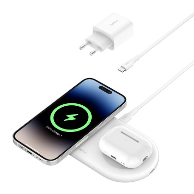 Зарядний пристрій бездротовий Belkin 2в1 15Вт Pad Qi2, білий (WIZ021VFWH)