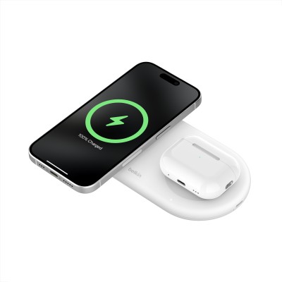 Зарядний пристрій бездротовий Belkin 2в1 15Вт Pad Qi2, білий (WIZ021VFWH)