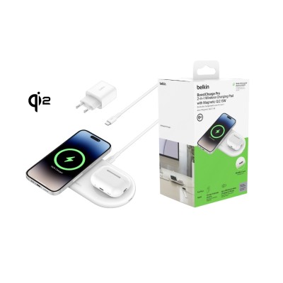 Зарядний пристрій бездротовий Belkin 2в1 15Вт Pad Qi2, білий (WIZ021VFWH)