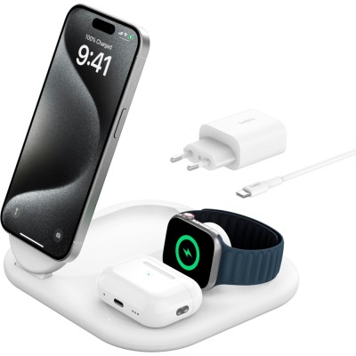 Зарядний пристрій бездротовий Belkin 3в1 Magnetic Foldable iPhone/Watch/AirPods, Qi2 15Вт, білий (WIZ029VFWH)