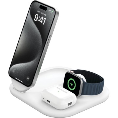 Зарядний пристрій бездротовий Belkin 3в1 Magnetic Foldable iPhone/Watch/AirPods, Qi2 15Вт, білий (WIZ029VFWH)