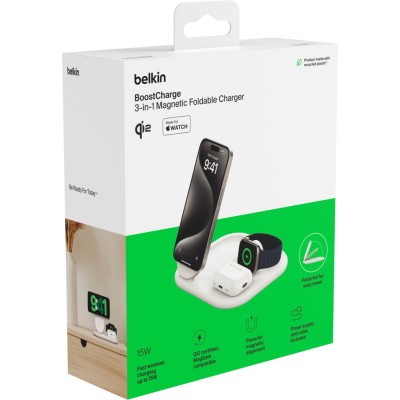 Зарядний пристрій бездротовий Belkin 3в1 Magnetic Foldable iPhone/Watch/AirPods, Qi2 15Вт, білий (WIZ029VFWH)
