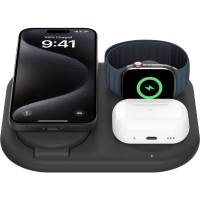 Зарядний пристрій бездротовий Belkin 3в1 Magnetic Foldable iPhone/Watch/AirPods, Qi2 15Вт, чорний (WIZ029VFBK)