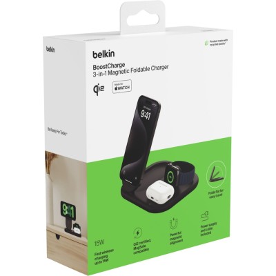 Зарядний пристрій бездротовий Belkin 3в1 Magnetic Foldable iPhone/Watch/AirPods, Qi2 15Вт, чорний (WIZ029VFBK)