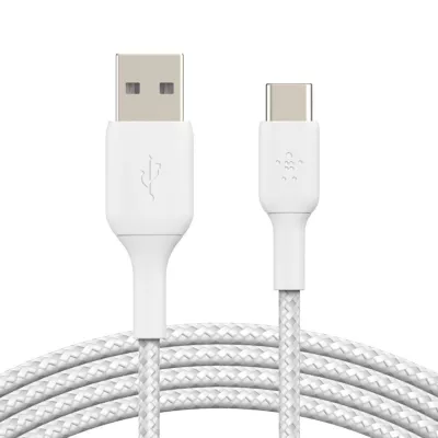 Кабель USB-A > USB-C заряджання/синхронізації Belkin 2м, 15Вт, Type-C, плетений, білий (CAB002BT2MWH)